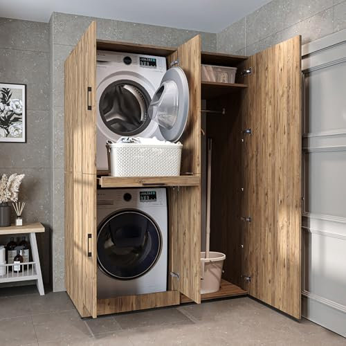 ROOMART Armadio per Lavatrice Dora Set per Asciugatrice & Lavatrice, 130 cm di larghezza, in 4 colori, con porte & cassetto estraibile (186 cm di altezza - senza armadio sopra, Rovere)