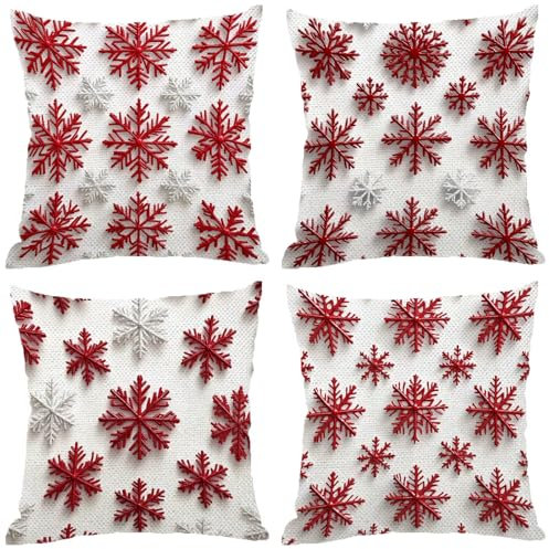 Fodere Cuscini da Esterno Impermeabili, Fiocco Di Neve Federe Cuscini Divano 70x70 Quadrate Set di 4, Doppia Faccia Stampa Lino Cushion Covers Rosso Cerniera Invisibile per Aesthetic Room Decor Z-538