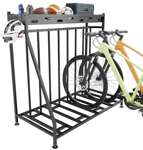 Hedyzone 4 Bike Stand Steady Bike Rack Garage with Baskets Storage Indoor Bike Storage Rack Metal Floor Bicycle Station for Parking Suitable for Mountain, Hybrid, Adult and Kids Bikes