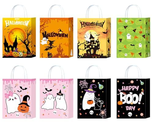 BSITSSS 8PCS Trick or Treat Bag, Papier Halloween Tasche für Süßigkeiten, Halloween Beutel für Süßigkeiten mit Griffen, Halloween Treat Bags Wiederverwendbar, Niedlich Tragetasche, 22 x 16 x 8 cm
