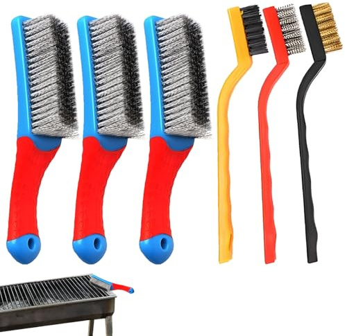 6PCS Stainless Steel Wire Brushes for Cleaning Set, 3 Wire Brush for Rust Removal + 3 Piece Cleaning Brushes for Small Spaces (3 Colors), Ideal for BBQ Grill, Kitchen, Rust & Paint Removal​