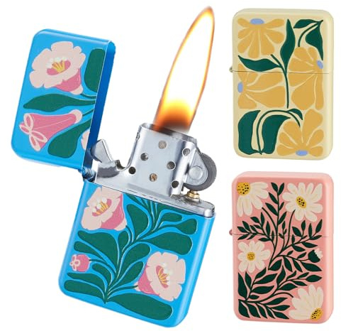 Murago - 3er Set Benzinfeuerzeug mit Blumen-Motiven - unbefüllt - Pastellfarben Blau, Gelb & Rosa - normaler Flamme - mit Geschenkschachtel - Geschenkidee für Outdoor & Camping