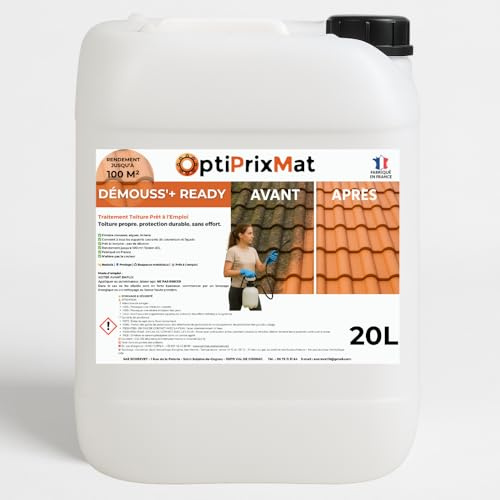 DÉMOUSS+ READY – Jusqu’à 100 m²– Démoussant toitures façades sols – Démoussage - Prêt à l’emploi – 20 L – Marque OptiPrixMat