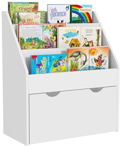 AIYAPLAY Bibliothèque pour Enfants Rangement pour Livres et Jouets Multi-Rangement avec 3 Niveaux d'étagères et tiroir, 62,5L x 30l x 70H cm, Blanc