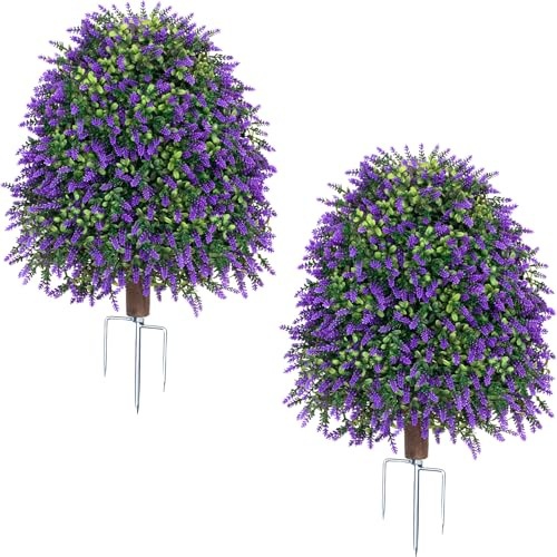 Wsinidier 2Pcs 25'' Outdoor Artificial Lavender Plants Fake Boxwood Topiary Ball with Ground Spike, UV Resistant Fake Evergreen Plant Tree for Porch Outdoor Planters Indoor