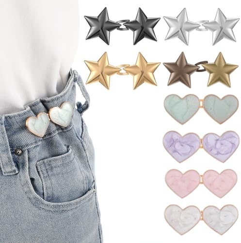 8 Pcs No Sewing Adjustable Waist Required Buttons Heart and Star Shape Pant Waist Tighteners Reusable Waists Cincher Clip Instant Removable Jean Buttons for Loose Jeans Dresses Pants Skirts Sleeves
