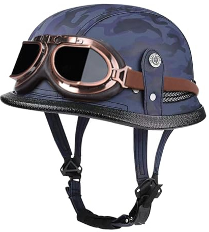Mezzo Casco Moto Vintage Con Occhiali Caschi Jet E Demi-Jet Caschi Cromwell Pelle Omologato DOTECE Elmetto Scodella Robusto Aperto Casco Retrò Moto Per Adulti Uomini Donne R,M:57-58CM