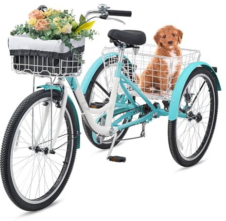 VIRIBUS Tricycle for Adults, 7 Speed Adult Tricycles for Women Men Seniors with Front and Rear Removable Wheeled Baskets, 3 Wheel Bikes for Obese Adults, 400 lb. Capacity Three Wheeler, 26 in. Cyan