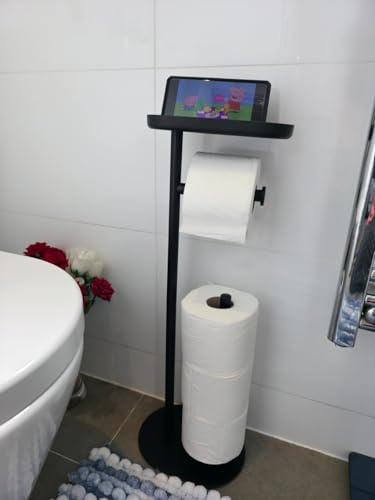 Black Freestanding Toilet Paper Holder with Phone Shelf, Tissue Paper Roll Storage Stand for Bathroom, Apartment, RV & Home Essentials