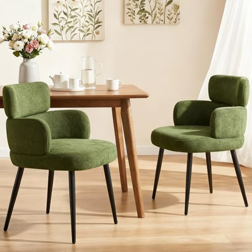 Hellove Esszimmerstuhl Grün 2er Set mit Armlehnen Moderner Gepolsterter Küchenstühle mit Metallbeinen, Bequemer Schminktisch Stuhl Polsterstuhl Comfy Esszimmer Stühle für Küche, Schlafzimmer