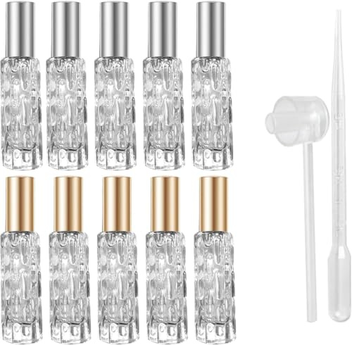 Kdkoeo 10 Pcs Perfume Atomiser 10ml with Funnel Dispenser | Refillable Perfume Travel Bottle, Portable Textured Glass Spray Bottle with Fine Mist for Women and Men Travel