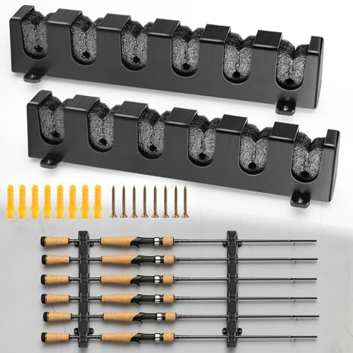 KOUHA Support Canne a Peche Horizontal Support Canne à Pêche pour le Rangement Horizontal à Montage Rod Rack avec Vis et Crochets à Installation Libre pour Garage Bateaux Mural Rod Rack de 6 Pôles