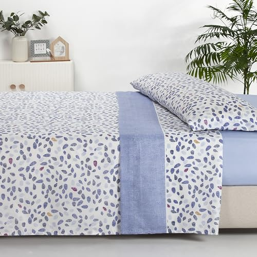 Sábanas 90x190 - Juego de Sábanas 3 Piezas - 100% Microfibra Suave y Transpirable - Sábana Bajera Ajustable, Encimera y Funda Almohada - Ropa de Cama Estampada (Harper Azul)