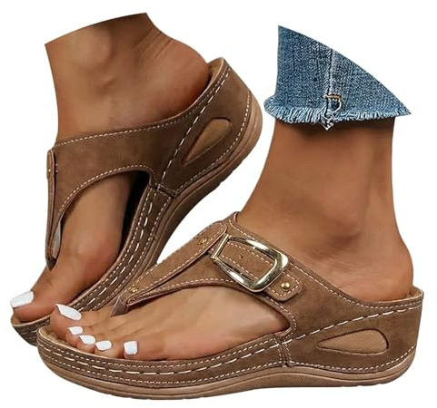 Tåseparator damer eleganta, pantoletter damer läder fotbädd lätta badsandaler lediga kilsandaletter öppen tå tofflor platå flip flops ortopediska sandaler fotbågstöd kilsandaler, BRUN, 37 EU