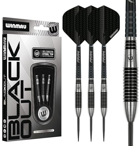 WINMAU Blackout Series 26g Torpedo Steel Tip Dart Set | 90% Tungsten Darts - Professional Darts Set with Dart Flights & Shafts