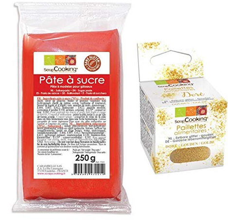 Röd sockerpasta 250 g + gyllene paljetter