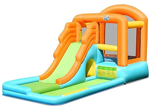DREAMADE Aufblasbare Hüpfburg mit Rutsche & Sprungbereich & Spielpool, Springburg für 3 Kidner, Spielburg, Wasserrutsche für Indoor & Outdoor, für Kinder 3-10 Jahre alt Kinder, 490x225x240cm