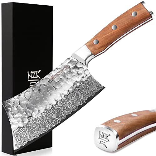 YOUSUNLONG Knochenmesser - 7-Zoll - Knochenspaltmesser - Hochleistungs-Knochenbrecher - Japanischer gehämmerter Damaststahl - Griff aus italienischem Olivenholz