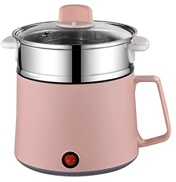 Casserole électrique multifonction de 1,7 L pour sauté/ragoût/vapeur, mini cuisinière électrique portable pour soupe, porridge, bouillie, œufs, pâtes, nouilles, ramen (acier inoxydable rose + cuiseur
