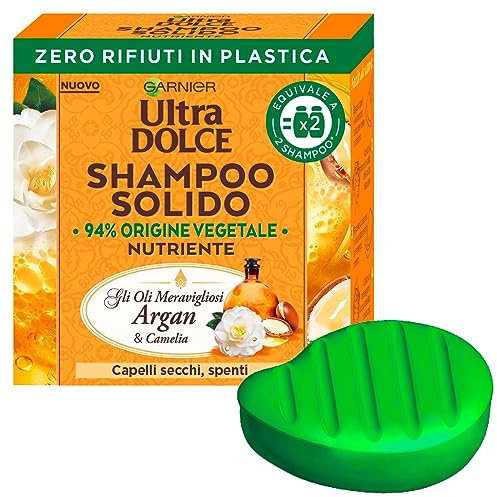 Garnier Ultra Dolce Shampoo Solido Nutriente con Oli Meravigliosi Argan e Camelia per Capelli Secchi e Spenti con Ingredienti 94% di Origine Vegetale Saponetta da 60g + Porta Shampoo