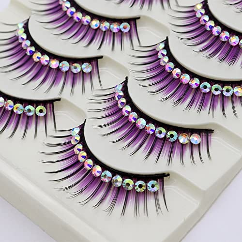 LSTHK Falsche Wimpern, 5 Paare 3D Fake Lashes Natürlich Look Bunte Künstliche Wimpern, Fluffy False Eyelashes für Die Arbeit, Dating, Party, Cosplay (Hotfix Rhinestone-Purple)