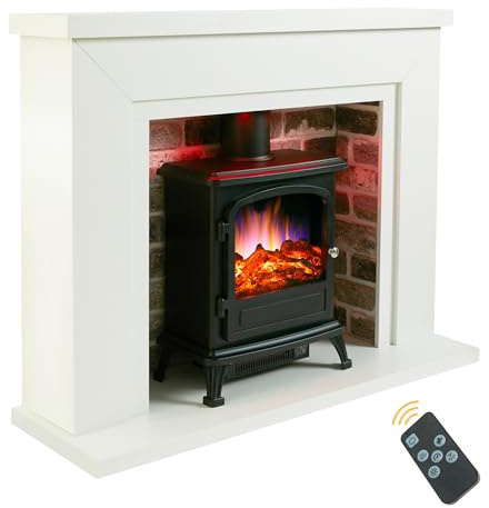 Endeavour Fires Farlington Electric Fireplace, Black Log Burner Stove in 48’’ Off White Surround, LED Downlights with Remote Control (White Top/Red Brick)