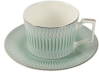 DECRZPB Set di tazze da tè e piattino in ceramica a strisce verdi Set di tazze da caffè e piattino in ceramica a strisce verdi Succo di latte Tazza Piatto Regalo di compleanno per ufficio e casa