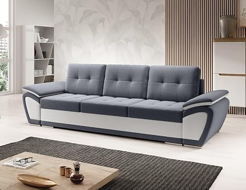 Sofa mit Schlaffunktion und Bettkasten - Ecksofa fur 3 Personen aus Velours - ENZO - Bequem Schlafsofa - Elegant Couch - Modern Couch 263x91x92 cm - Graphit-Weiß - MODERNO