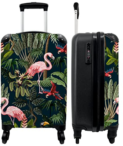 NoBoringSuitcases.com® Koffer Handgepäck Trolley Rollkoffer Kleine Reisekoffer mit 4 Rollen - Jungtiere - Muster - Kinder - Flamingo - Papagei - Kinder - 55x35x20cm - Fotokoffer - Boardgepäck