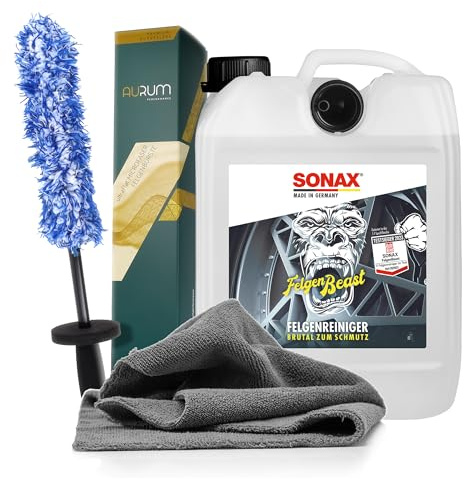 detailmate Felgenreinigungsset: SONAX FelgenBeast Felgenreinger 5 Liter Kanister + Aurum ultraFlat Microfaser Felgenbürste Mikrofasertuch 320GSM