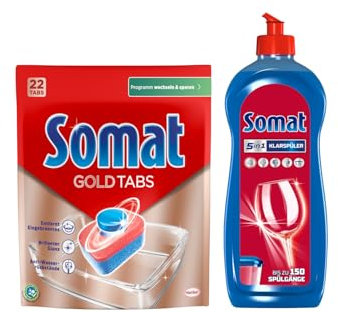 Somat Gold Spülmaschinen Tabs (22 Tabs), strahlend sauberes Geschirr, Extra-Kraft gegen Eingebranntes & Somat Klarspüler, Extra-Trocken Effekt, Extra-Glanz | 750 ml (1er Pack)