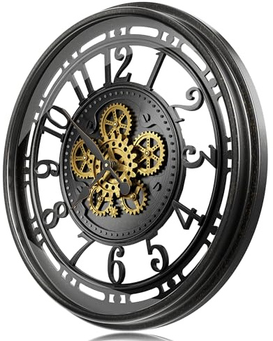 TOKTEKK Wanduhr Große 53.5cm mit Bewegliche Zahnrad, Vintage Retro Industriell Metall Wanduhr Romische Zahlen für Zimmer Zuhause KüChe Schlafzimmer Büro Schule(Schwarzes)