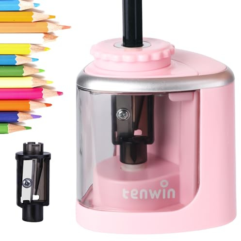 Tihoo tenwin temperamatite elettrico con lama resistente per una rapida affilatura, temperamatite automatico a batteria per matite n.2/matite colorate (6-8mm), rosa