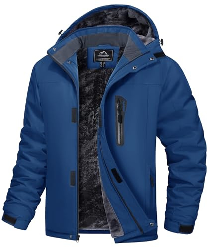 MAGCOMSEN Winter Jacket for Men Fleece Lined Ski Jackets Warm Snow Work Climbing Water Resistant Coat With Hood Denim Blue, XL