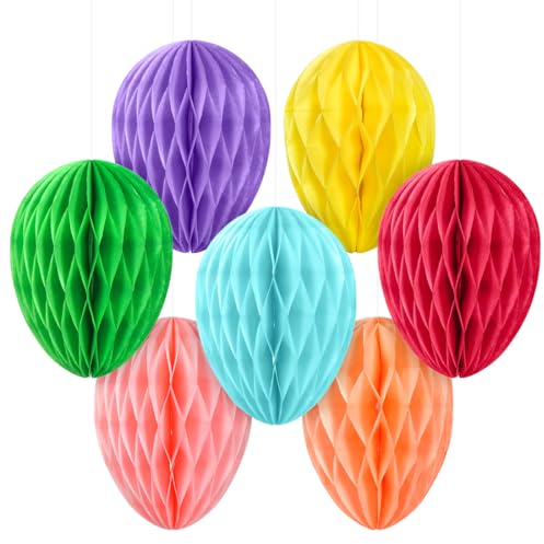 O-Kinee 7 Pezzi Uovo di Pasqua a Nido d'Ape, Pasquali di Uovo Palla a Nido d'Ape Centrotavola a Nido d'Ape Pasquale Decorazioni del Soffitto di Pasqua Carta Appesa 3D Favo Ornamenti per Alberi
