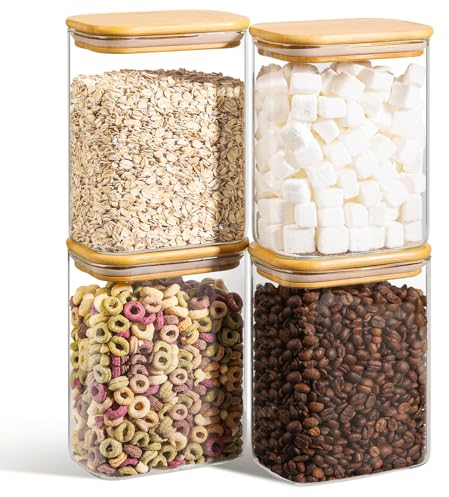ComSaf 1.1L Rectangle Glass Storage Containers with Lids, Glass Jars with Bamboo Lids, Clear Food Storage Jar, Sugar Coffee Containers, Pantry Storage Container for Pasta Tea Candy Nuts