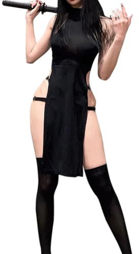 Oludkeph Vestidos góticos sin mangas para mujer, lencería de anime, disfraz de diablo para cosplay, traje de juego de rol con medias (negro, talla única)