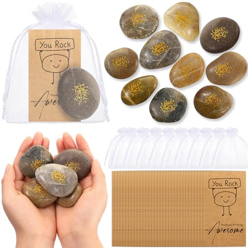 Roowest 10 Sets Mitarbeiter-Wertschätzungsgeschenke Dankeskarten mit Gravur, inspirierende Steine, Glaubenssteine, Glückwunschkarten, Dankeskarten und weiße Organzabeutel für Mitarbeiter
