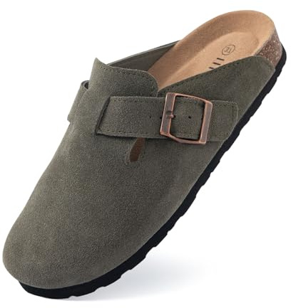 IIITHREE Women's Suede Clogs Cork Footbed Clogs for Women Soft Leather Adjustable Buckle Slip-on Potato Shoes Sandals Green