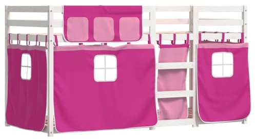 vidaXL Etagenbett, Kinderbett mit Vorhängen Leiter, Hochbett Spielbett für Kinder ab 6 Jahren, Doppel Stockbett Bett, Rosa 90x200cm Massivholz Kiefer