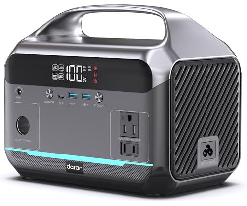 DARAN Portable Power Station 600W (1200W Peak), 288Wh Solar Generator LiFePO4 Battery with AC DC Outlets, 2hrs Fast Charging, 7-Port Design for Emergency, Hurricane (Solar Optional)