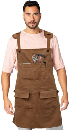 Foppla Work Apron with 5 Tool Pockets, Heavy Duty Waterproof Oxford Cloth, Adjustable Cross Strap, for Chef/Cooking/Gardening/Welding/Grilling/Barista, M-XXL Men & Women (Camel)