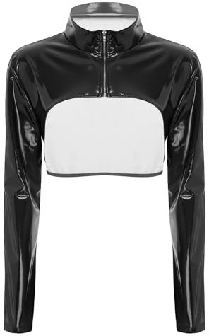 inhzoy dam wetlook topp lack läder crop jacka magfri långärmad latex läderskjorta med ståkrage dragkedja fest klubbkläder rave gogo, svart, XL