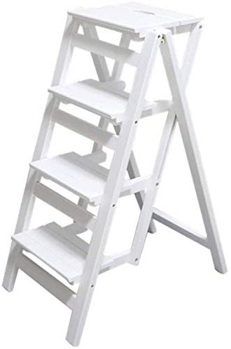 Klappbarer Bibliotheks-Tritthocker aus Massivholz für Küche, Büro, multifunktionaler Holzleiter mit 4 Stufen, weiße Holzfarbe