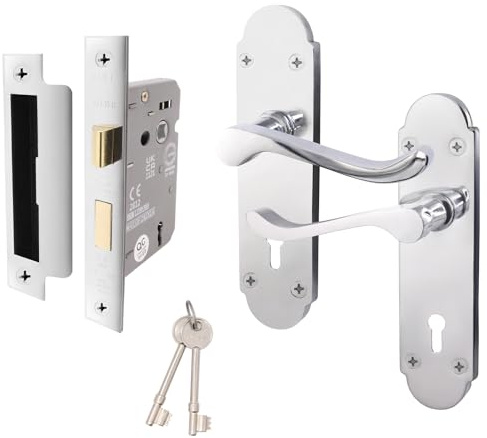 EAI Polished Chrome Door Handle Set - Victorian Scroll Shaped | 1 Pair of Internal Handles with Sash Lock (64mm) & Keys