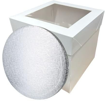 LARRYROO Tall White Cake Box Extra Deep with Clear Display Window & Silver Round Cake Drum Board Combo (12)