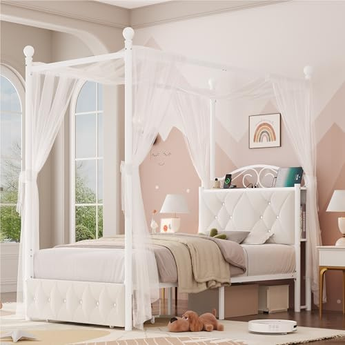 Keyluv Twin Upholstered Canopy Bed Frame with Drawer & Crystal Tufted Storage Headboard Metal Platform Bed with Charging Station & 4 Removable Posts No Box Spring Needed Curtain Not Included, Beige