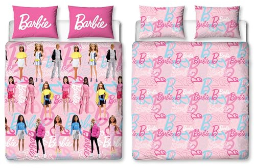 Barbie Official Double Childs Duvet Cover Set | Unboxed Design Reversible 2 Sided Teens Kids Dolls Bedding Including Matching Pillow Cases | Polyester Double Quilt Cover, Pink