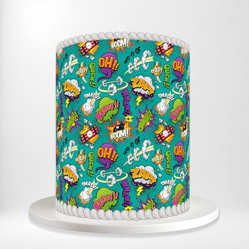 Comic Book Pop Art Sound Effects Exclamations Wrap Around Print A4 Edible Paper Icing Sheet Cake Topper Side Ribbon Border Decor for Personalised Themed Decorations