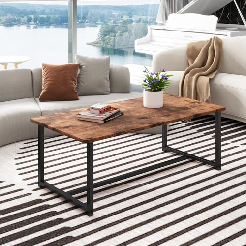 VERFARM 35.4 Rectangular Coffee Table for Living Room, Modern Industrial Style Coffee Table Center Table with Metal Frame for Small Space, Apartment, Office, Easy Assembly, Brown